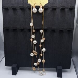 Gold Tone Faux Pearl Necklace And Earring Set